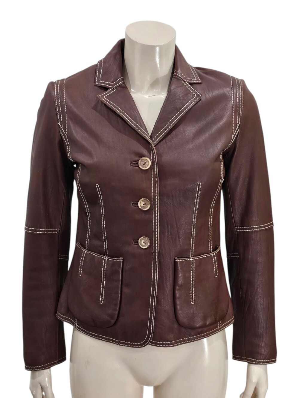 CABI Women Brown Real Leather White Contrast Stitching Blazer Jacket Size 0